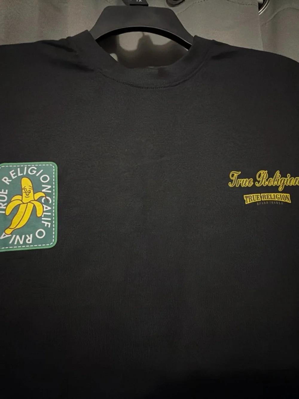 3pk!True Religion Black Tee with Yellow Logo and Orange Fruit Graphic